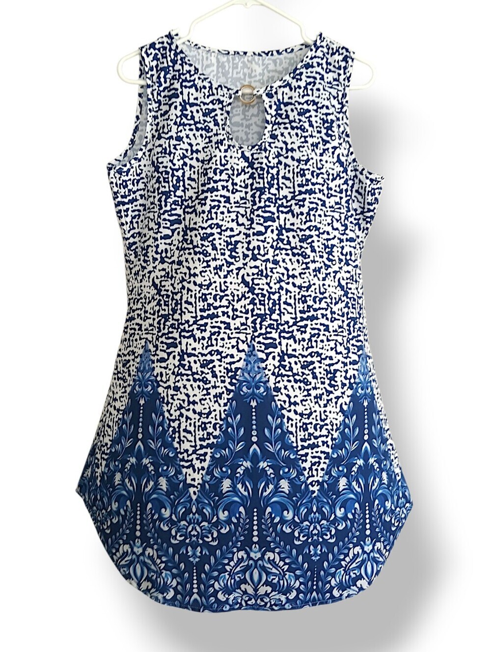 Blue & White Boho Tunic Dress Printed Mini Dress Keyhole Neck Summer Beach LG